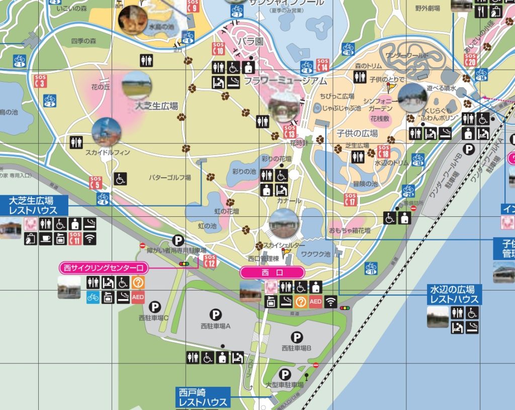 福岡市東区の海の中道海浜公園のメインスポットの地図